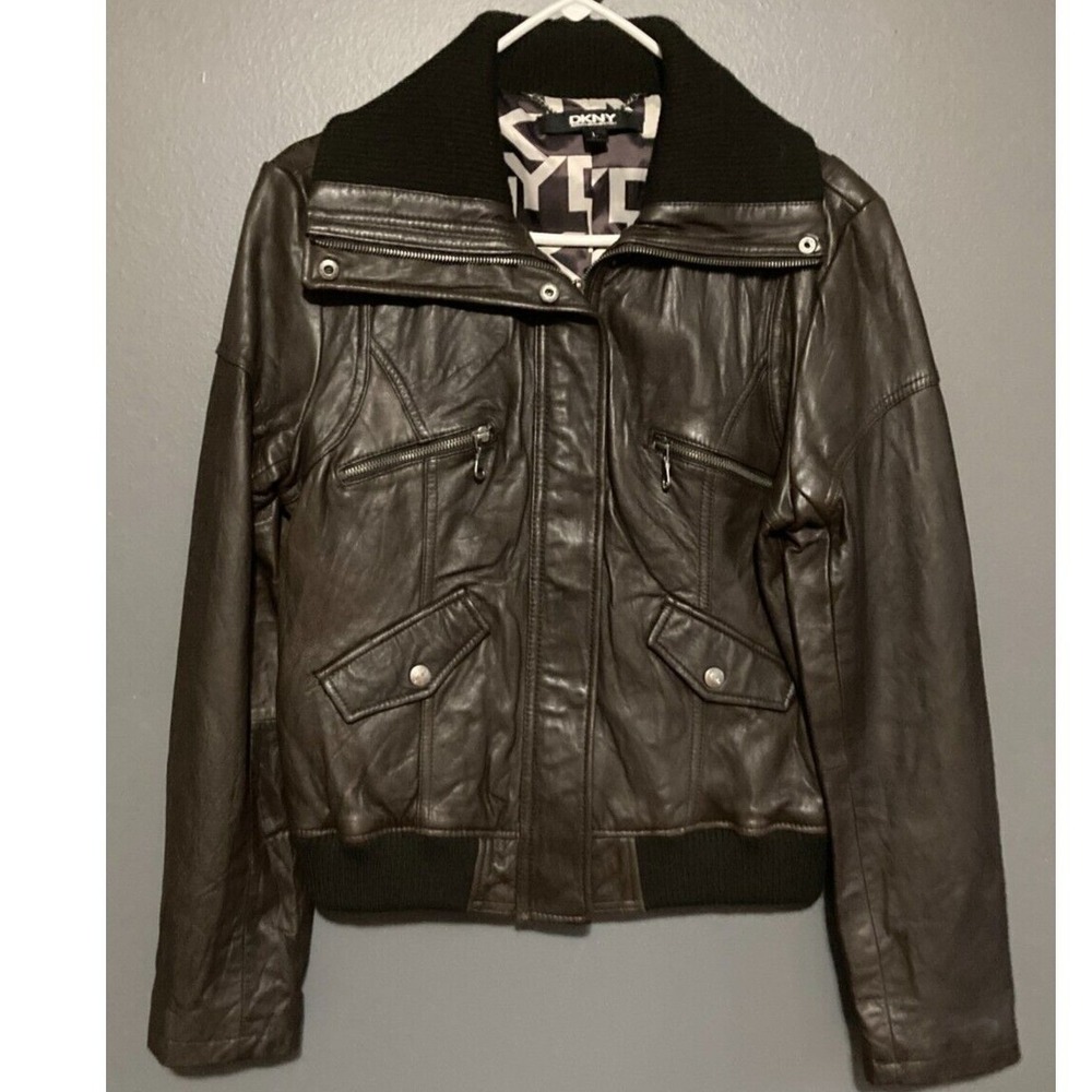 DKNY Leather Bomber Jacket Women L Brown Classic Edgy Core Sleek Zipper Warm Y2K